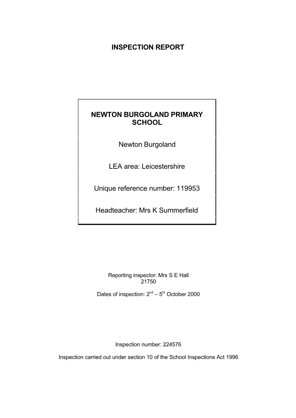 Inspection Report Newton Burgoland Primary School