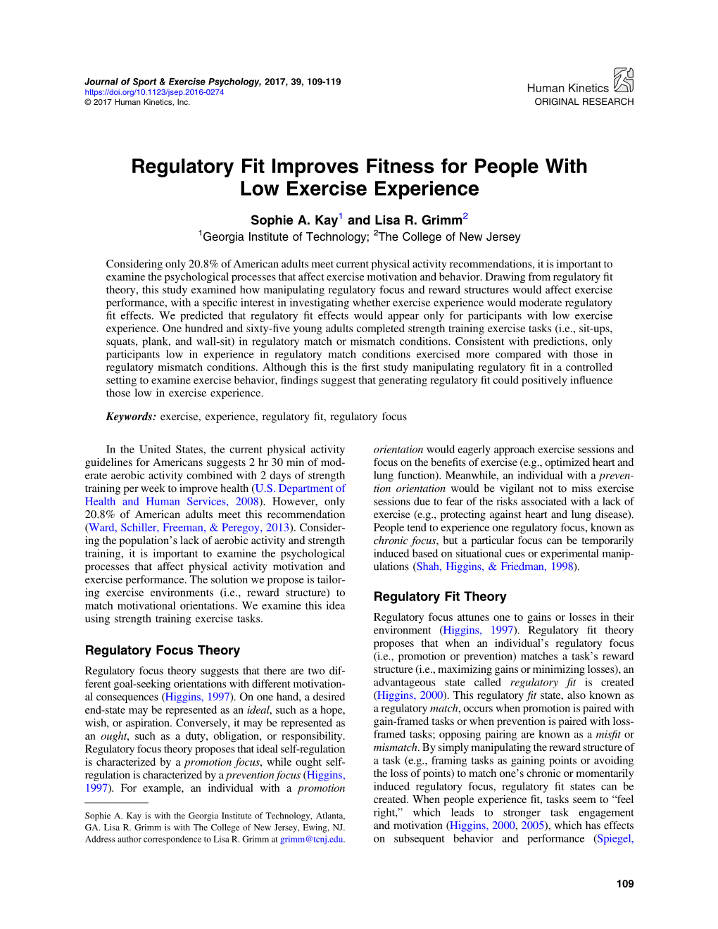 Regulatory Fit Improves Fitness for People with Low Exercise Experience