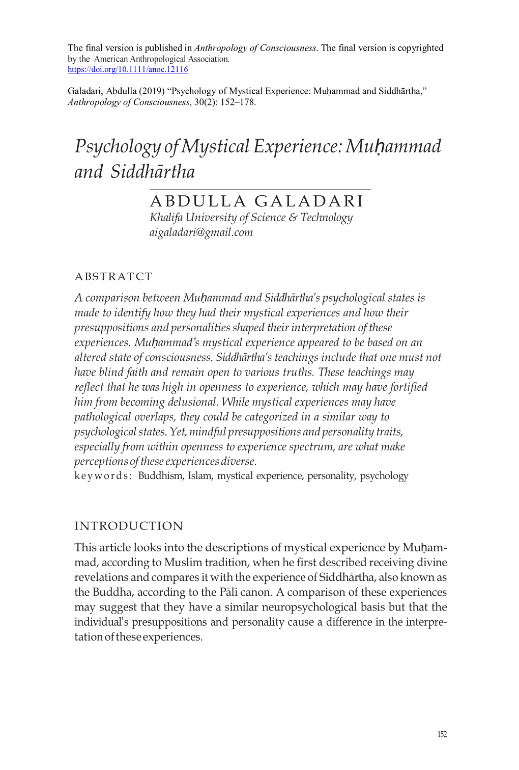 Psychology of Mystical Experience: Muḥammad and Siddhārtha,” Anthropology of Consciousness, 30(2): 152–178