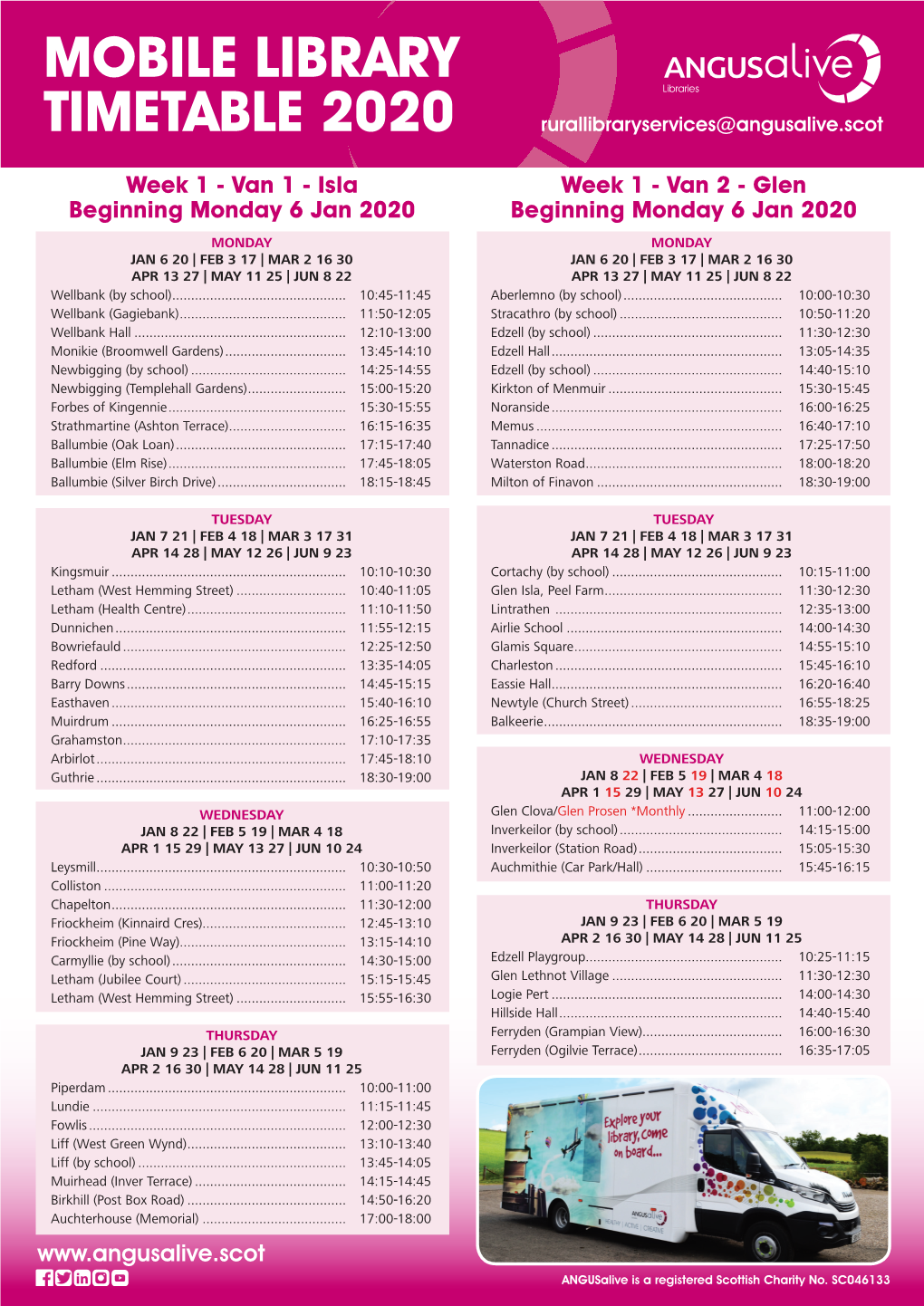 Mobile Library Timetable 2020 Rurallibraryservices@Angusalive.Scot