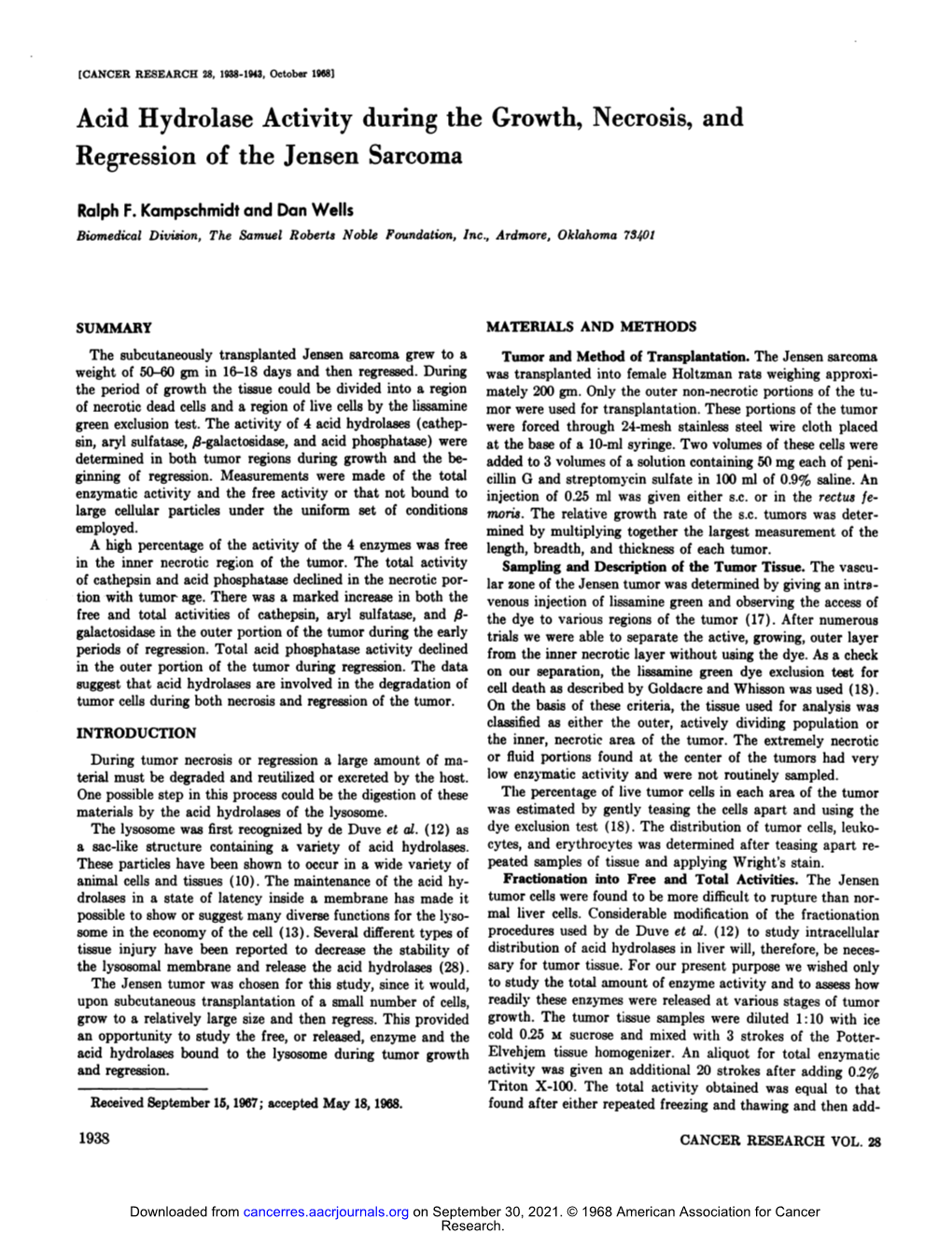 Acid Hydrolase Activity During the Growth, Necrosis, and Regression of the Jensen Sarcoma