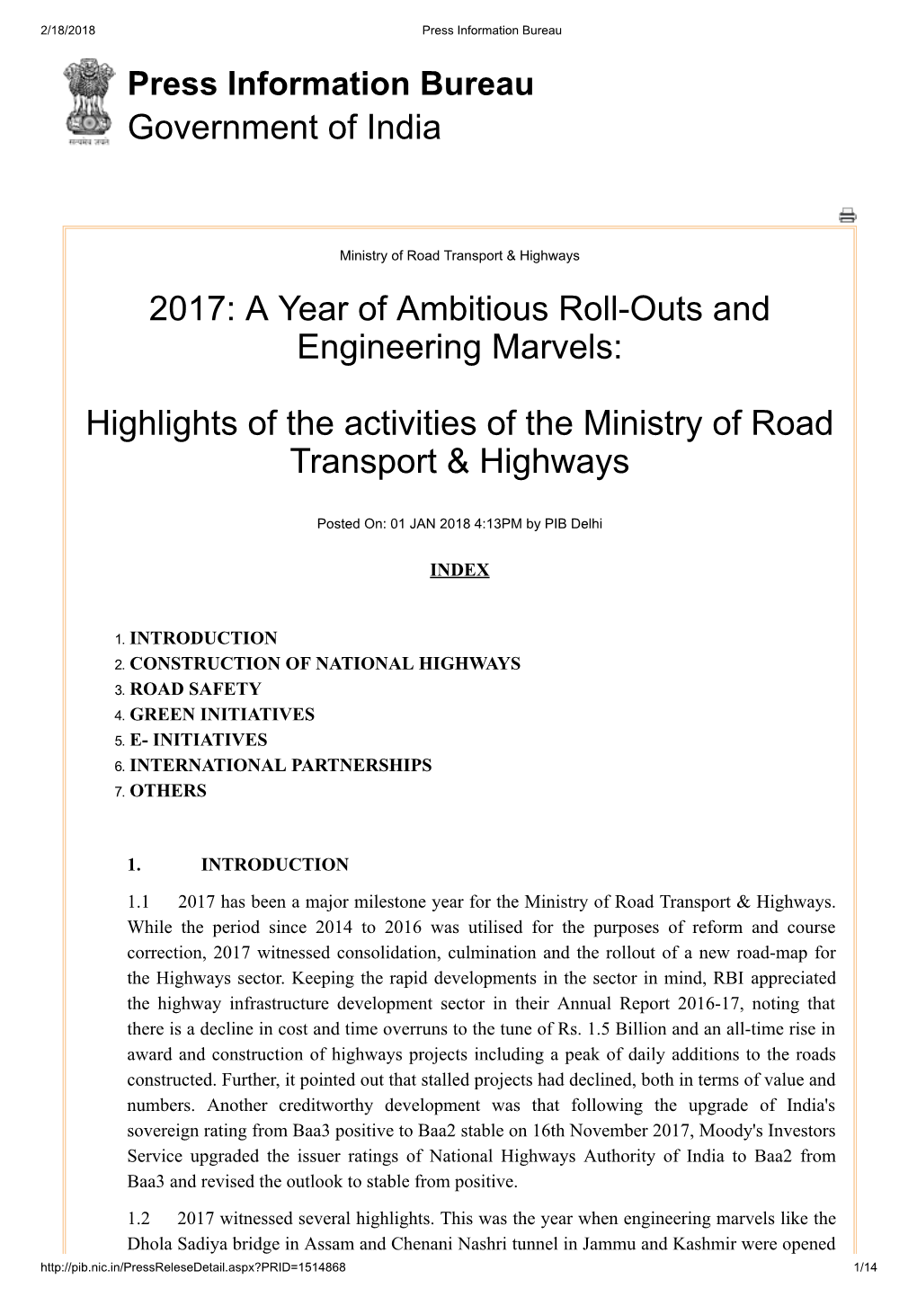 Highlights of the Activities of the Ministry of Road Transport & Highways