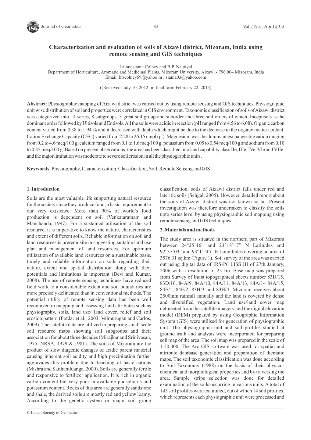 ISG Journal of Geomatics 83 Vol 7 No.1 April 2013