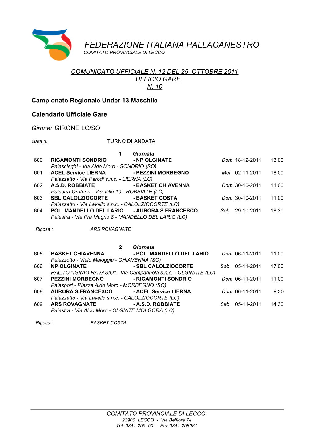 Federazione Italiana Pallacanestro Comitato Provinciale Di Lecco