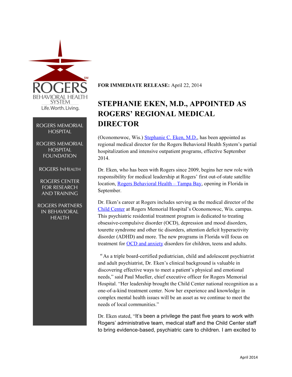 Stephanie Eken, M.D., Appointed As Rogers Regional Medical Director