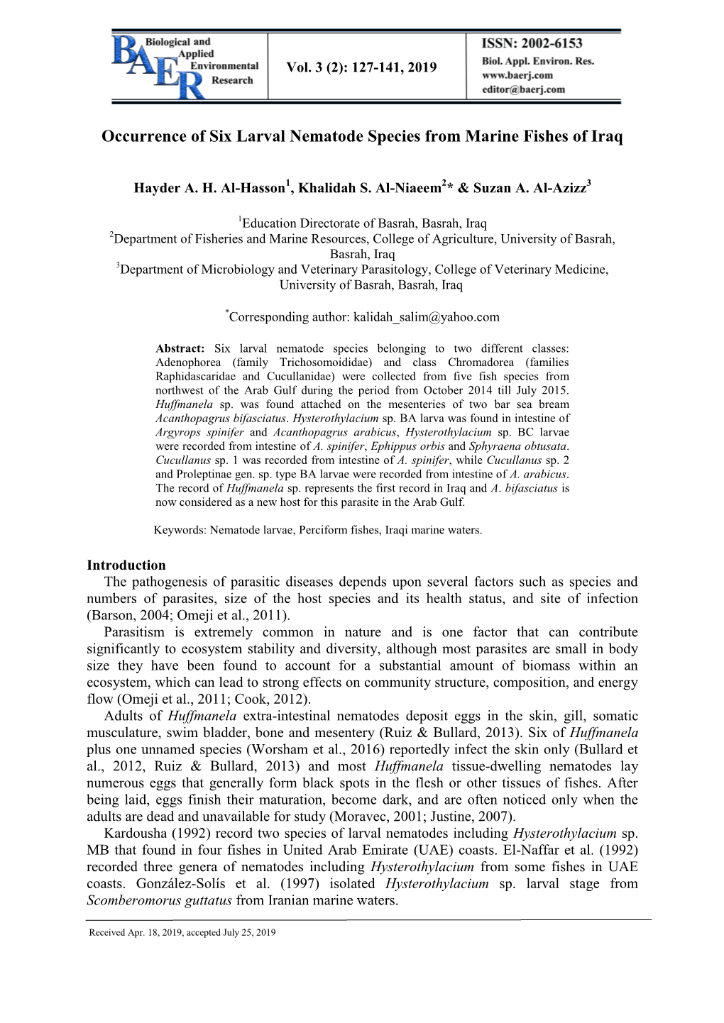 Occurrence of Six Larval Nematode Species from Marine Fishes of Iraq