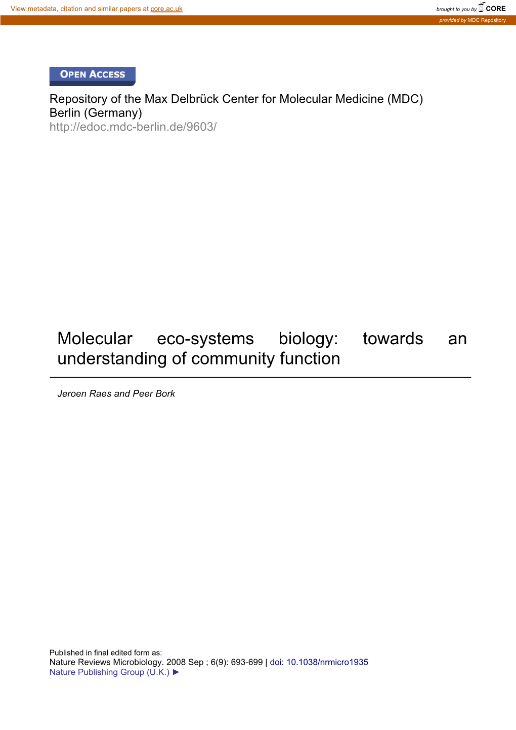Molecular Eco-Systems Biology: Towards an Understanding of Community Function