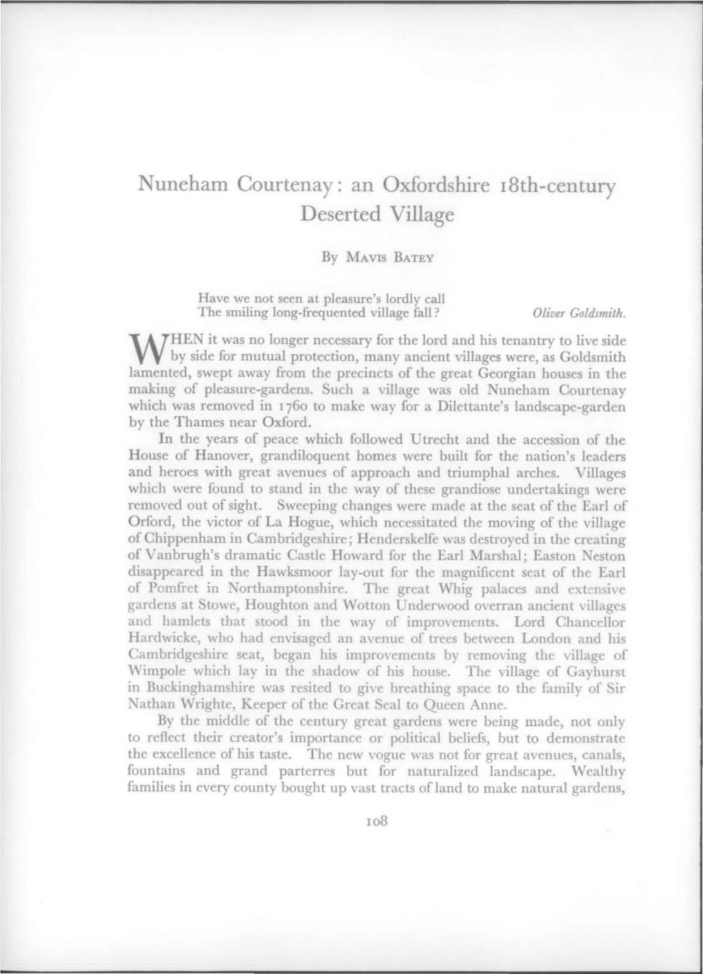 Nuneham Courtenay: an Oxfordshire I8th-Century Deserted Village