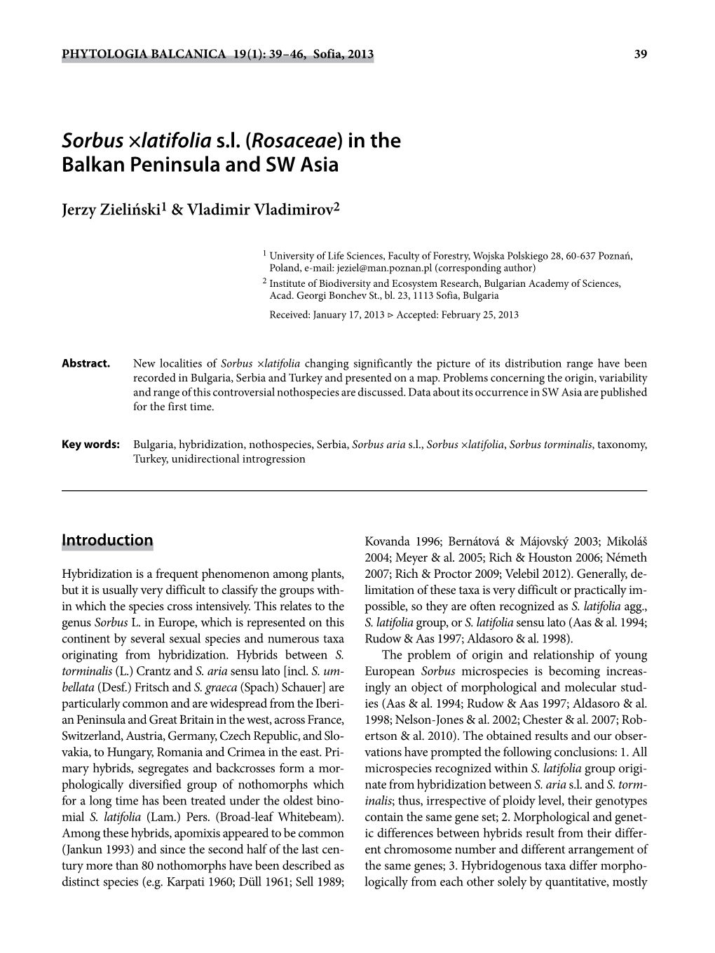 Sorbus ×Latifolia Sl (Rosaceae) in the Balkan Peninsula and SW Asia