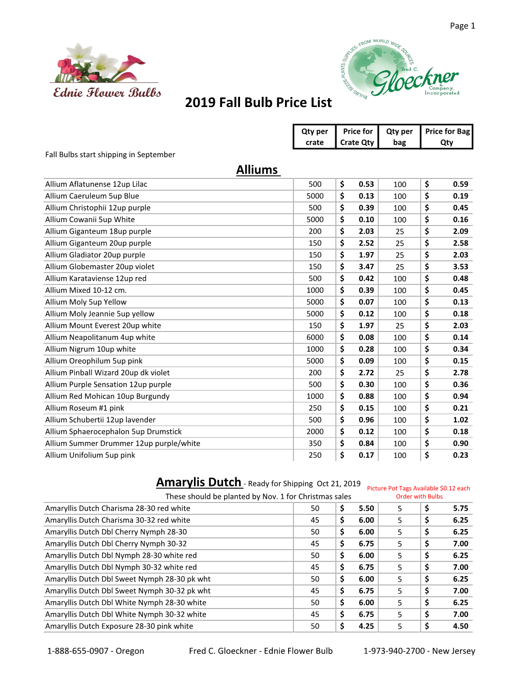 2019 Fall Bulb Price List