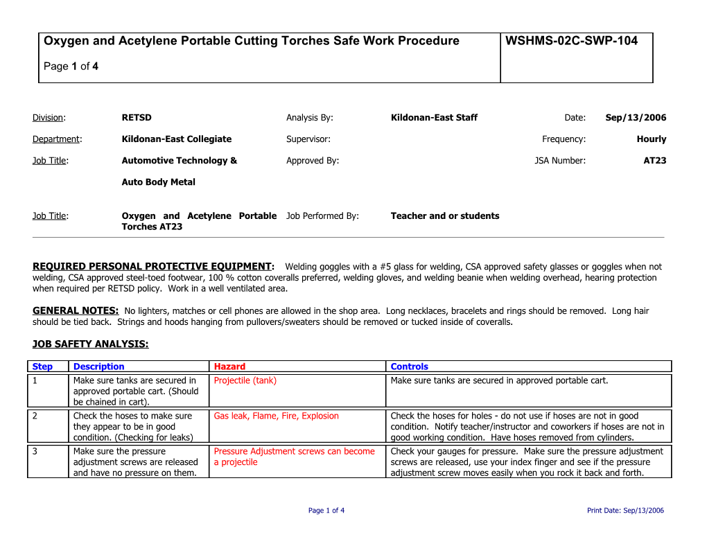 SWP-104 Oxygen and Acetylene Portable Cutting Torches Safe Work Procedure