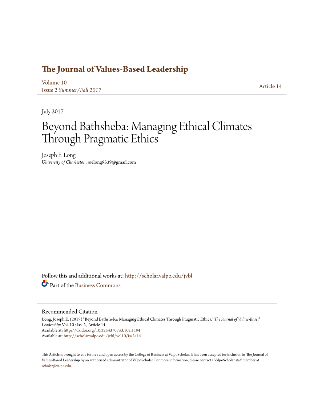 Beyond Bathsheba: Managing Ethical Climates Through Pragmatic Ethics Joseph E