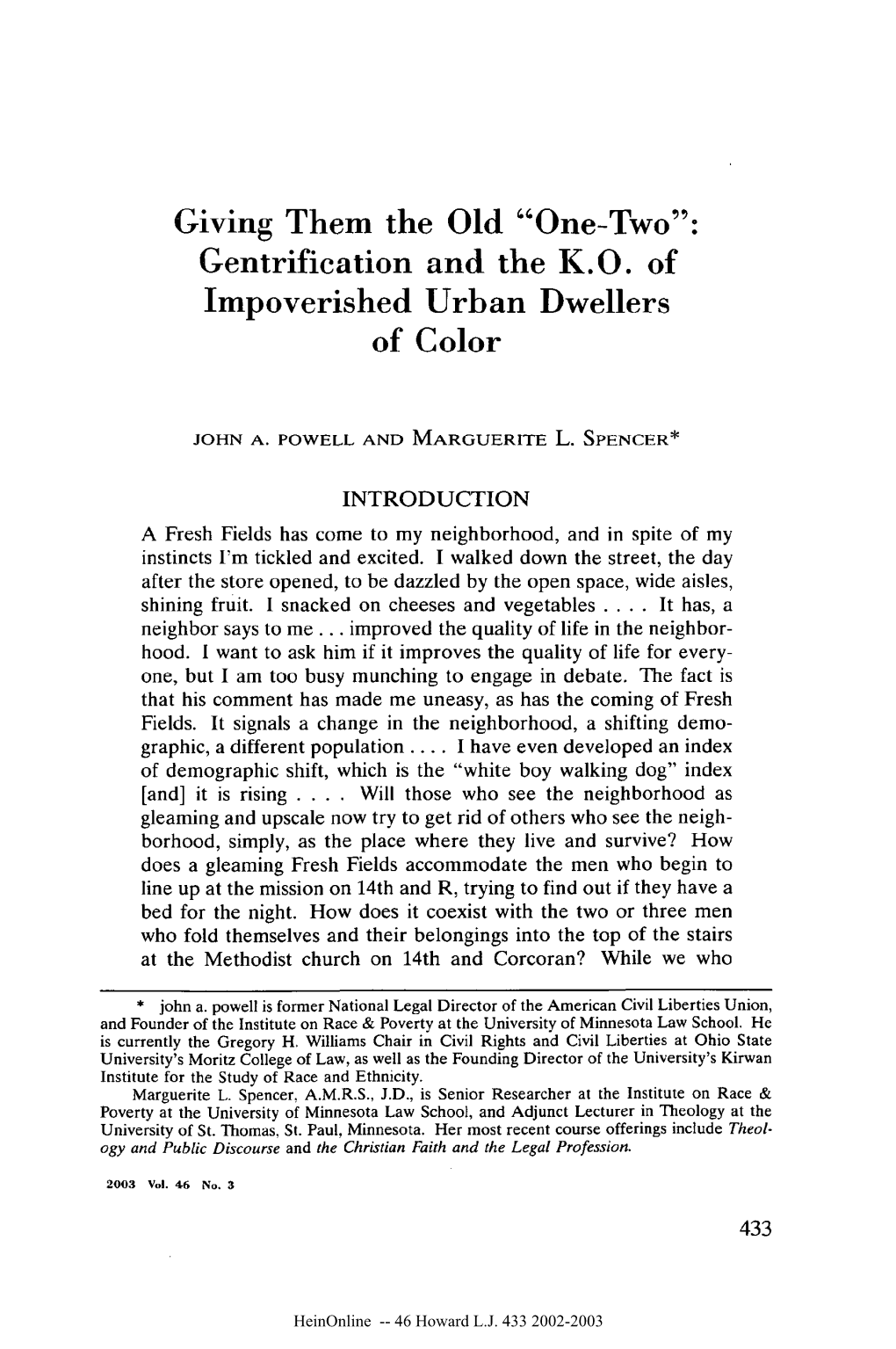 Giving Them the Old "One-Two": Gentrification and the K.O. of Impoverished Urban Dwellers of Color