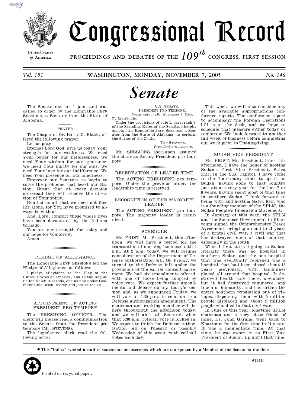 Congressional Record United States Th of America PROCEEDINGS and DEBATES of the 109 CONGRESS, FIRST SESSION