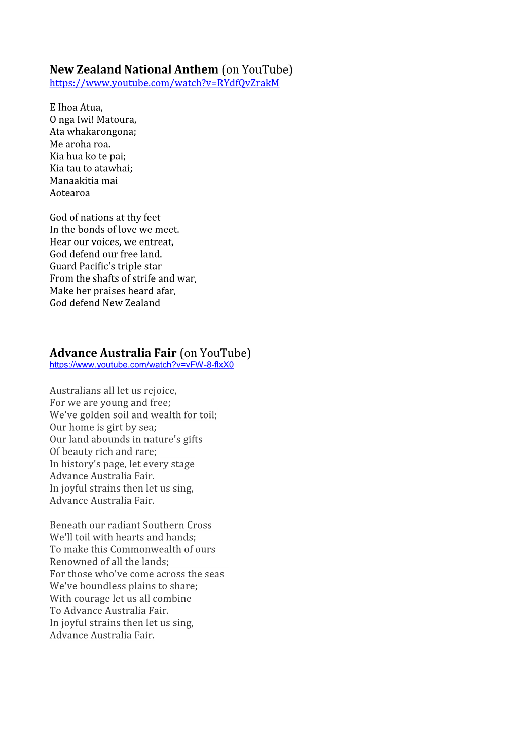 New Zealand National Anthem (On Youtube) Advance Australia Fair