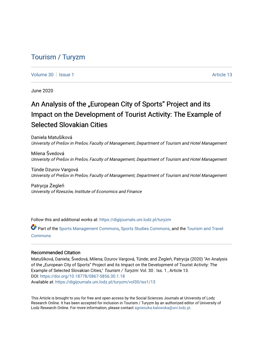 European City of Sports” Project and Its Impact on the Development of Tourist Activity: the Example of Selected Slovakian Cities
