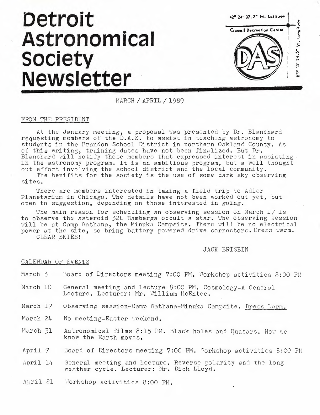 Detroit Astronomical Society Newsletter