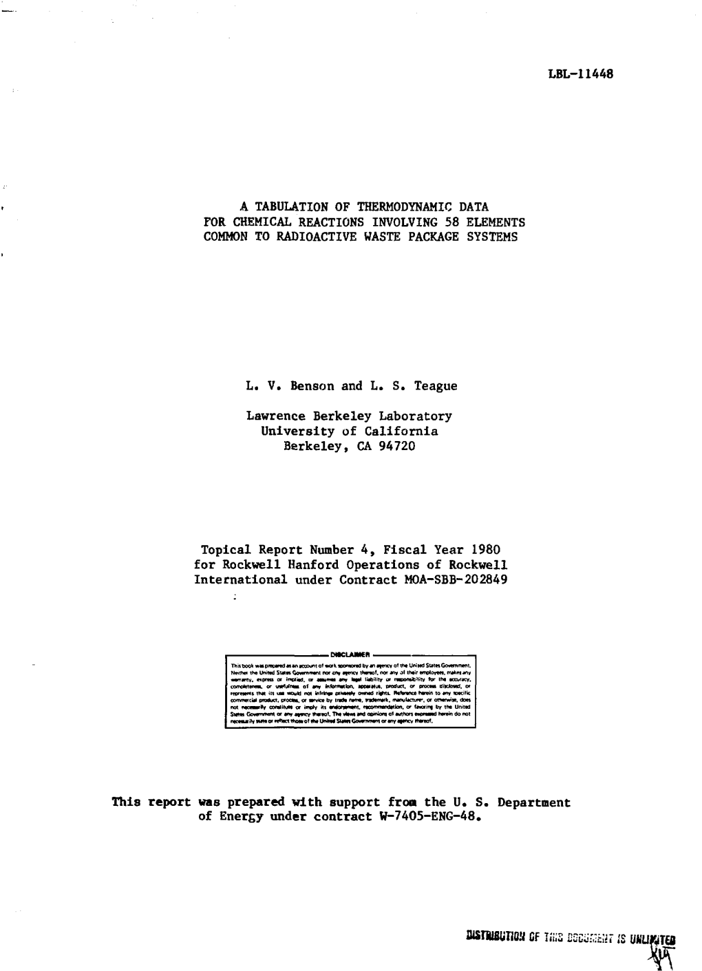 A Tabulation of Thermodynamic Data for Chemical Reactions Involving 58 Elements Common to Radioactive Waste Package Systems