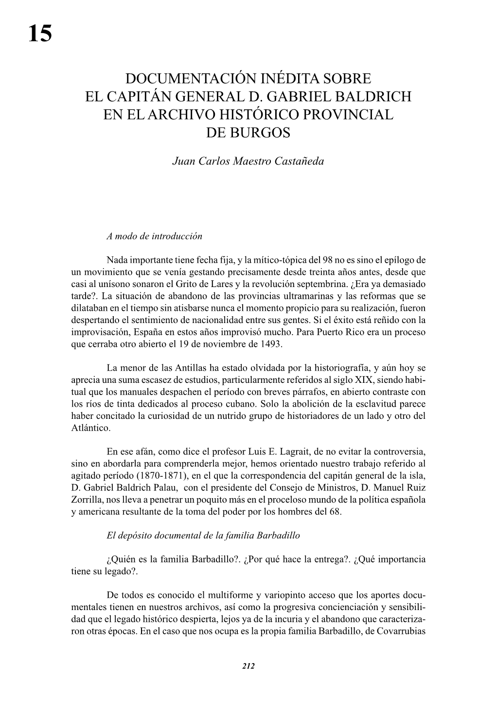 Documentación Inédita Sobre El Capitán General D. Gabriel Baldrich En El Archivo Histórico Provincial De Burgos