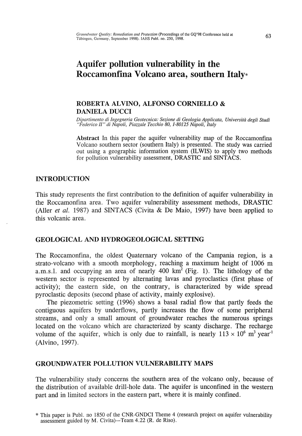 Aquifer Pollution Vulnerability in the Roccamonfina Volcano Area, Southern Italy*