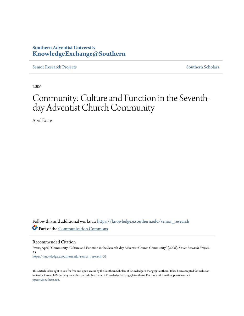 Community: Culture and Function in the Seventh-Day Adventist Church Community" (2006)