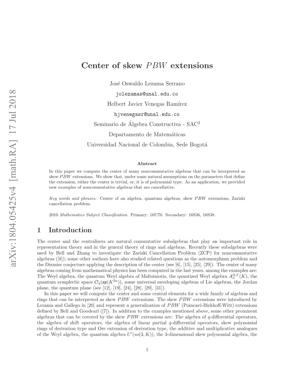 Center of Skew PBW Extensions