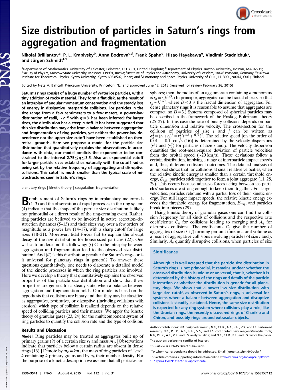 Size Distribution of Particles in Saturnts Rings from Aggregation