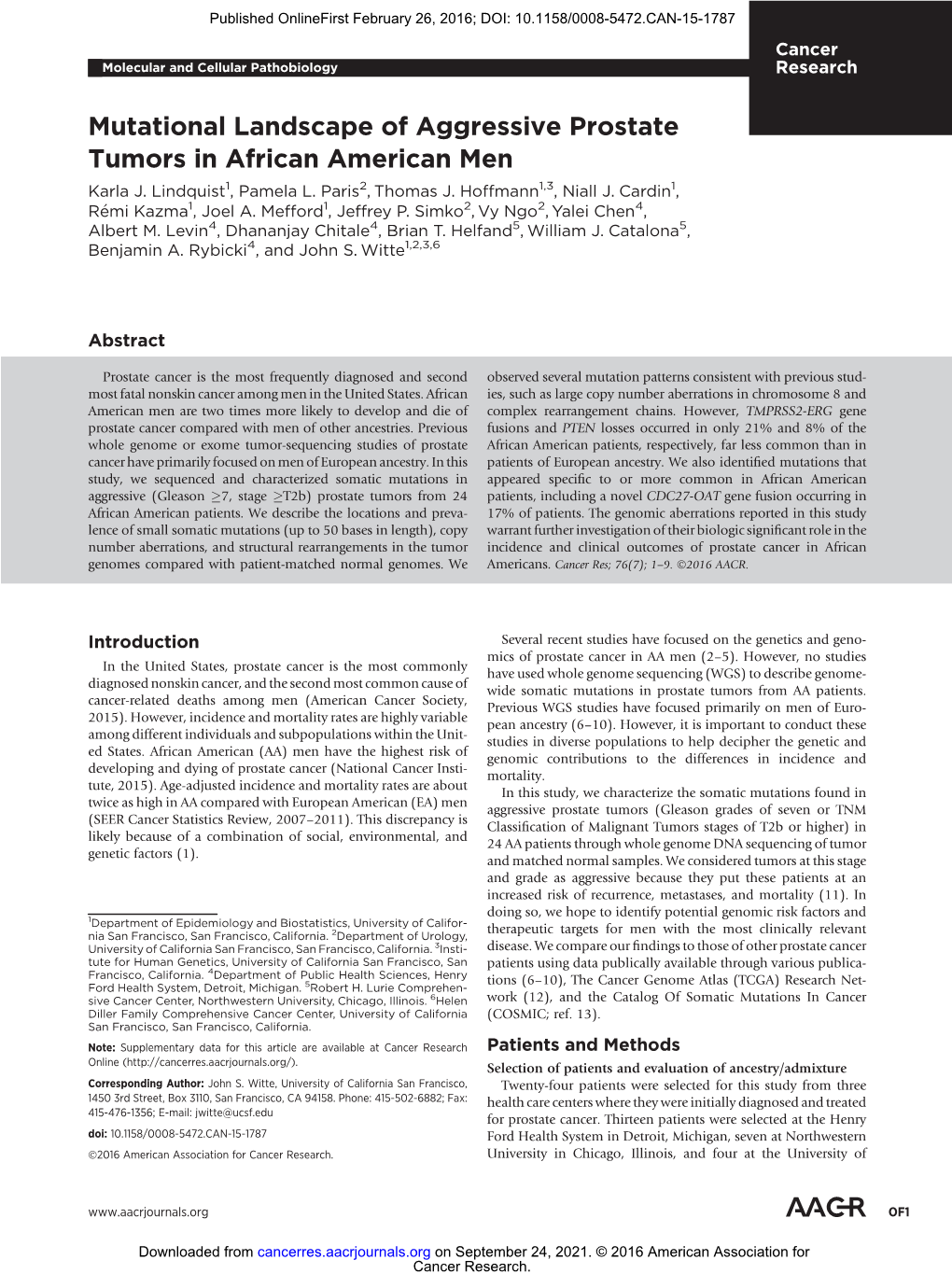 Mutational Landscape of Aggressive Prostate Tumors in African American Men Karla J