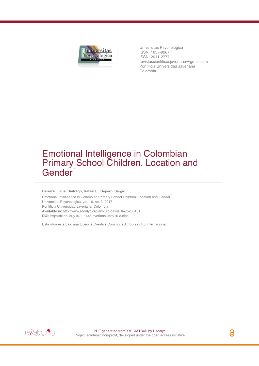 Emotional Intelligence in Colombian Primary School Children. Location and Gender *