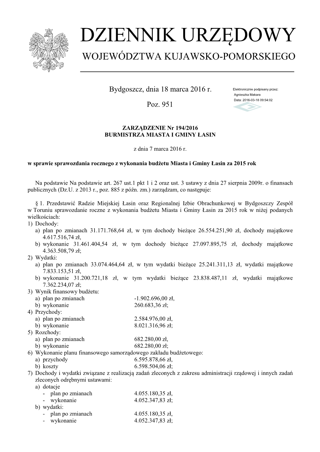 Zarządzenie Nr 194/2016 Z Dnia 7 Marca 2016 R