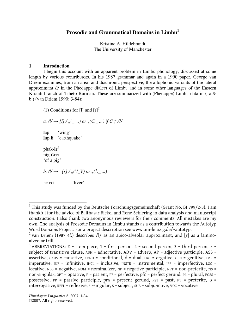 Prosodic and Grammatical Domains in Limbu 1