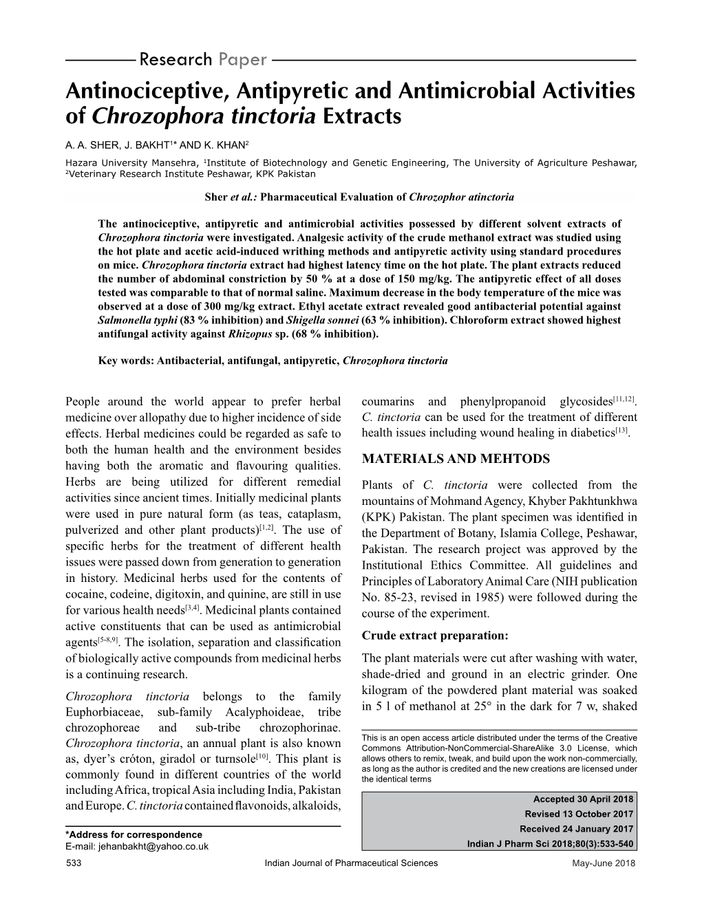 Antinociceptive, Antipyretic and Antimicrobial Activities of Chrozophora Tinctoria Extracts