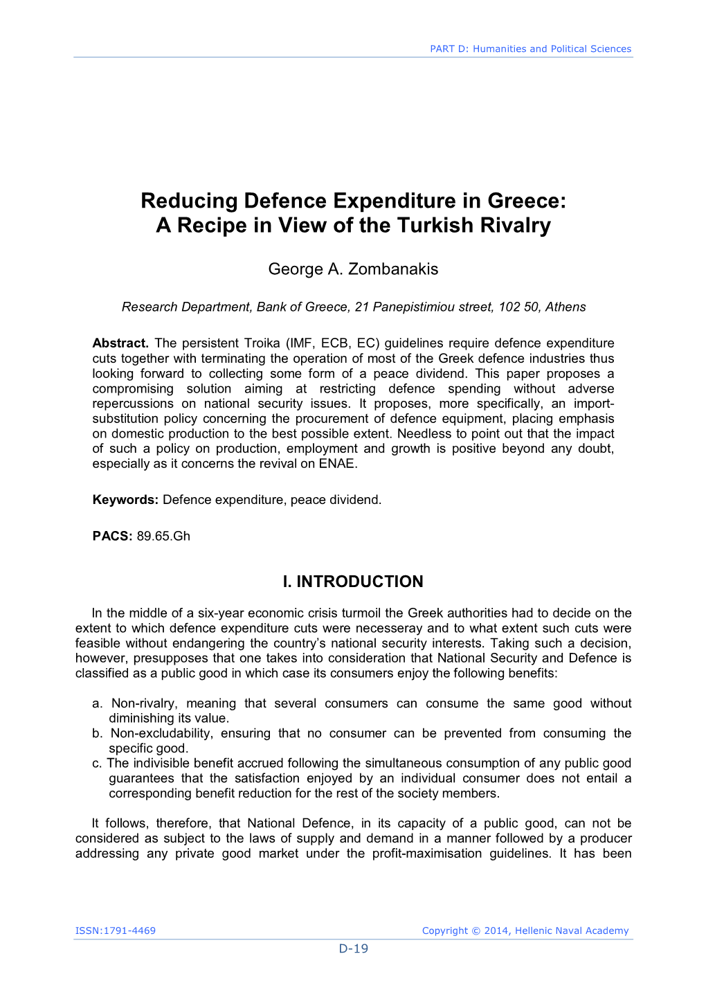 Reducing Defence Expenditure in Greece: a Recipe in View of the Turkish Rivalry