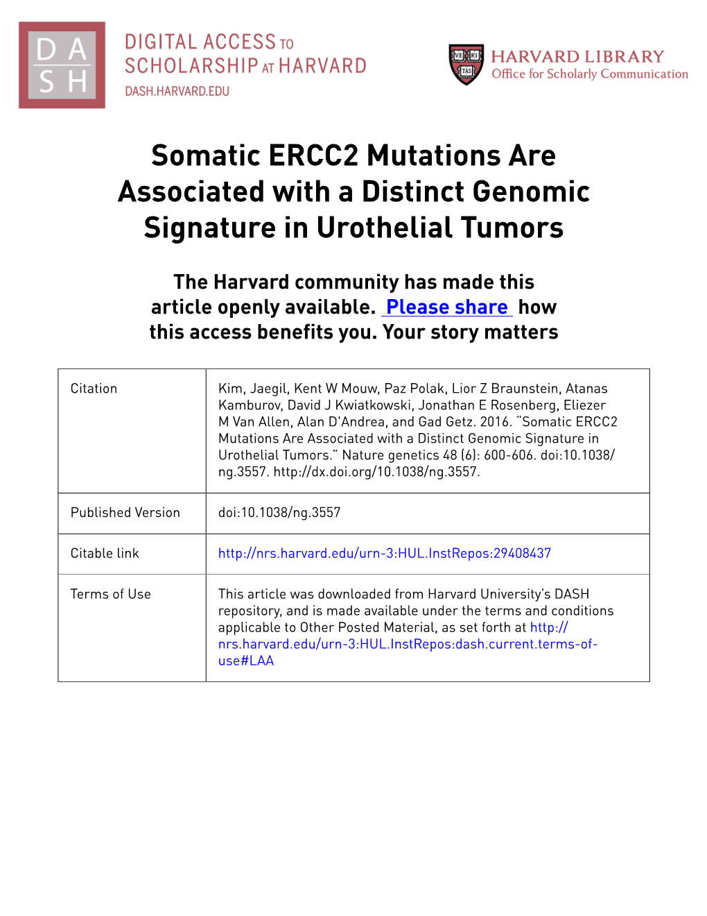 Somatic ERCC2 Mutations Are Associated with a Distinct Genomic Signature in Urothelial Tumors