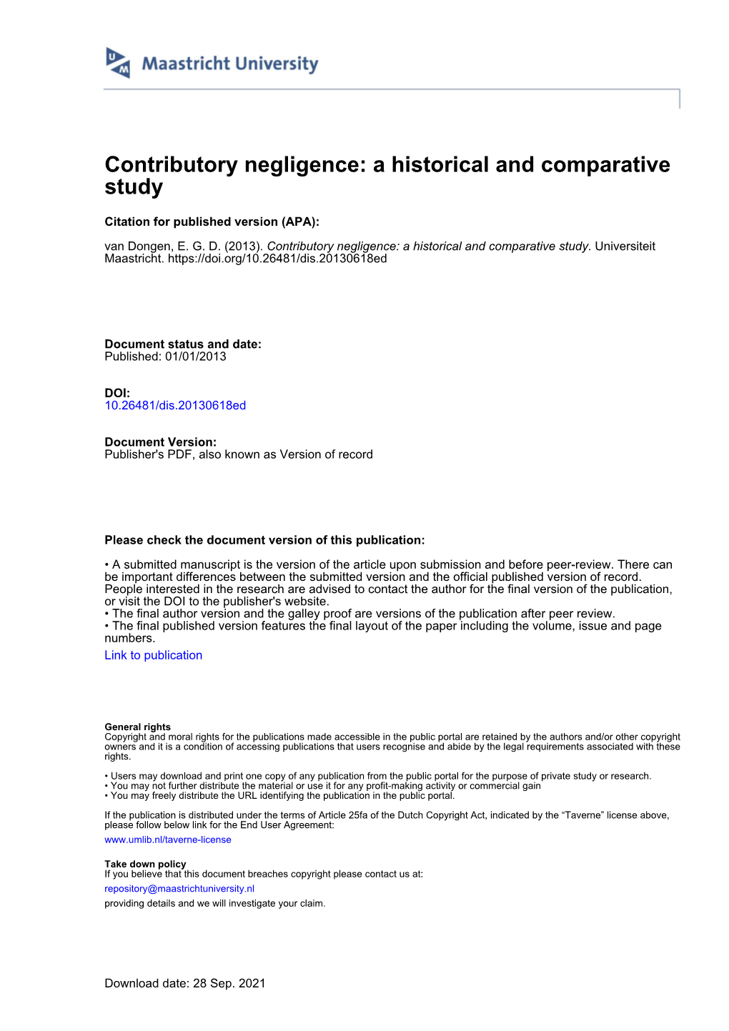 Contributory Negligence: a Historical and Comparative Study