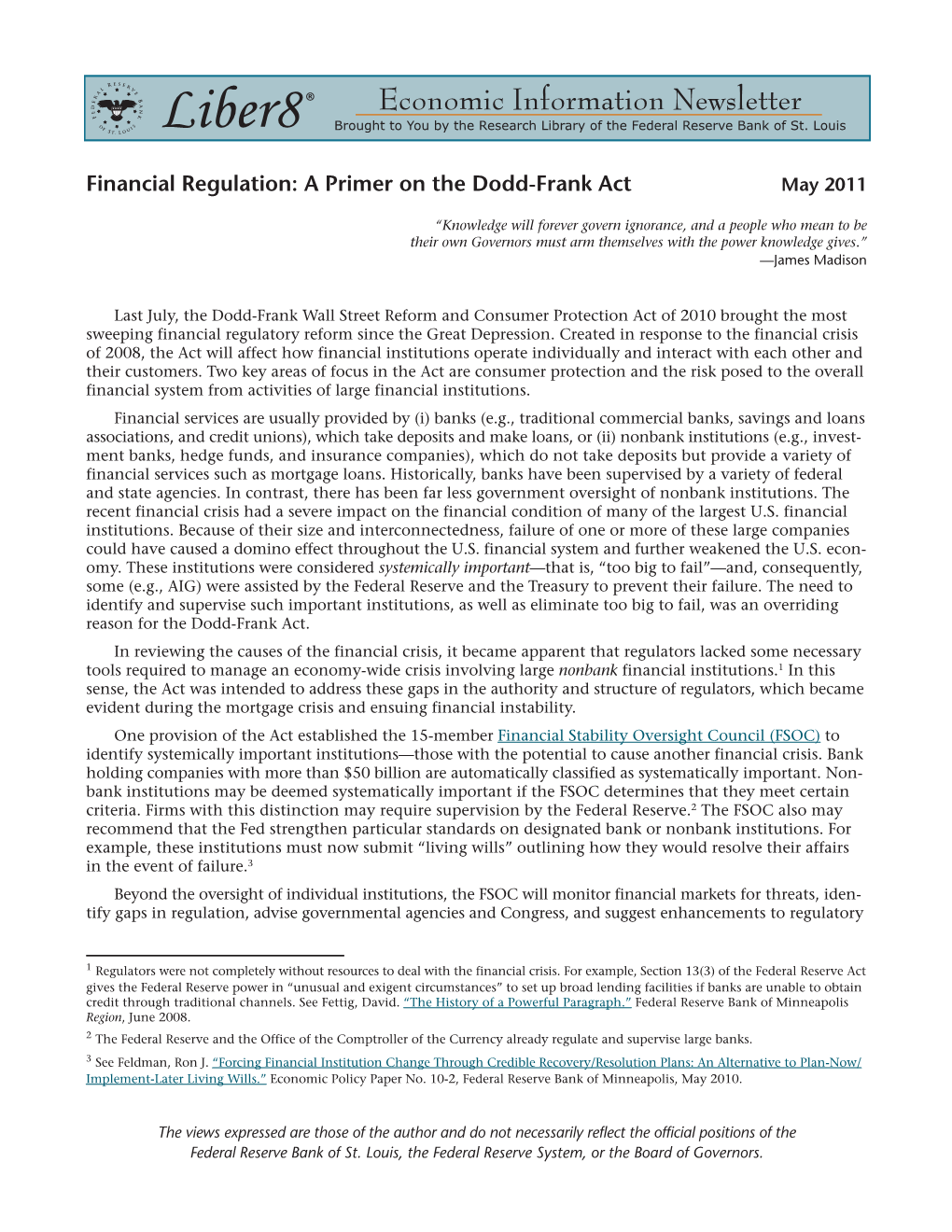 Financial Regulation: a Primer on the Dodd-Frank Act May 2011