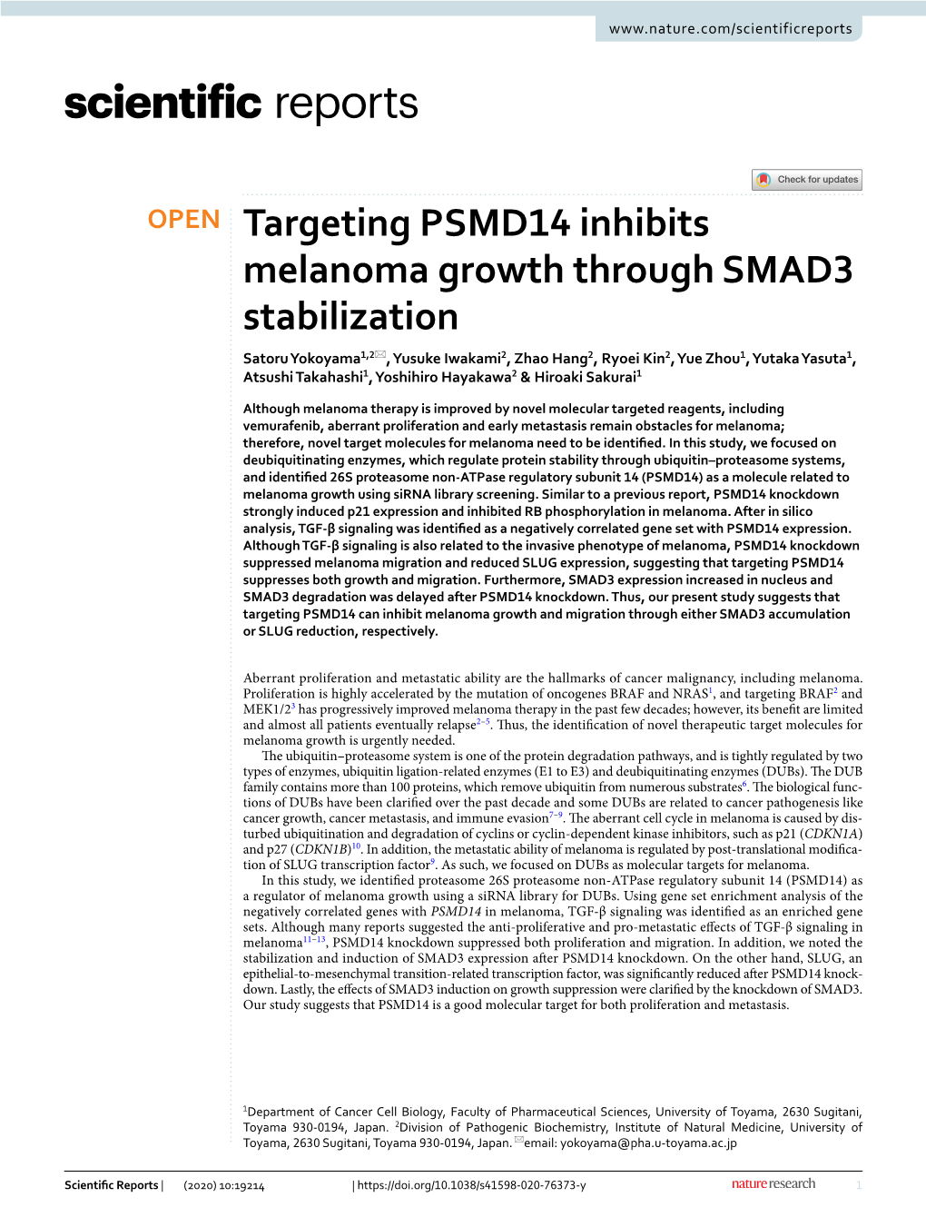 Targeting PSMD14 Inhibits Melanoma Growth Through SMAD3 Stabilization