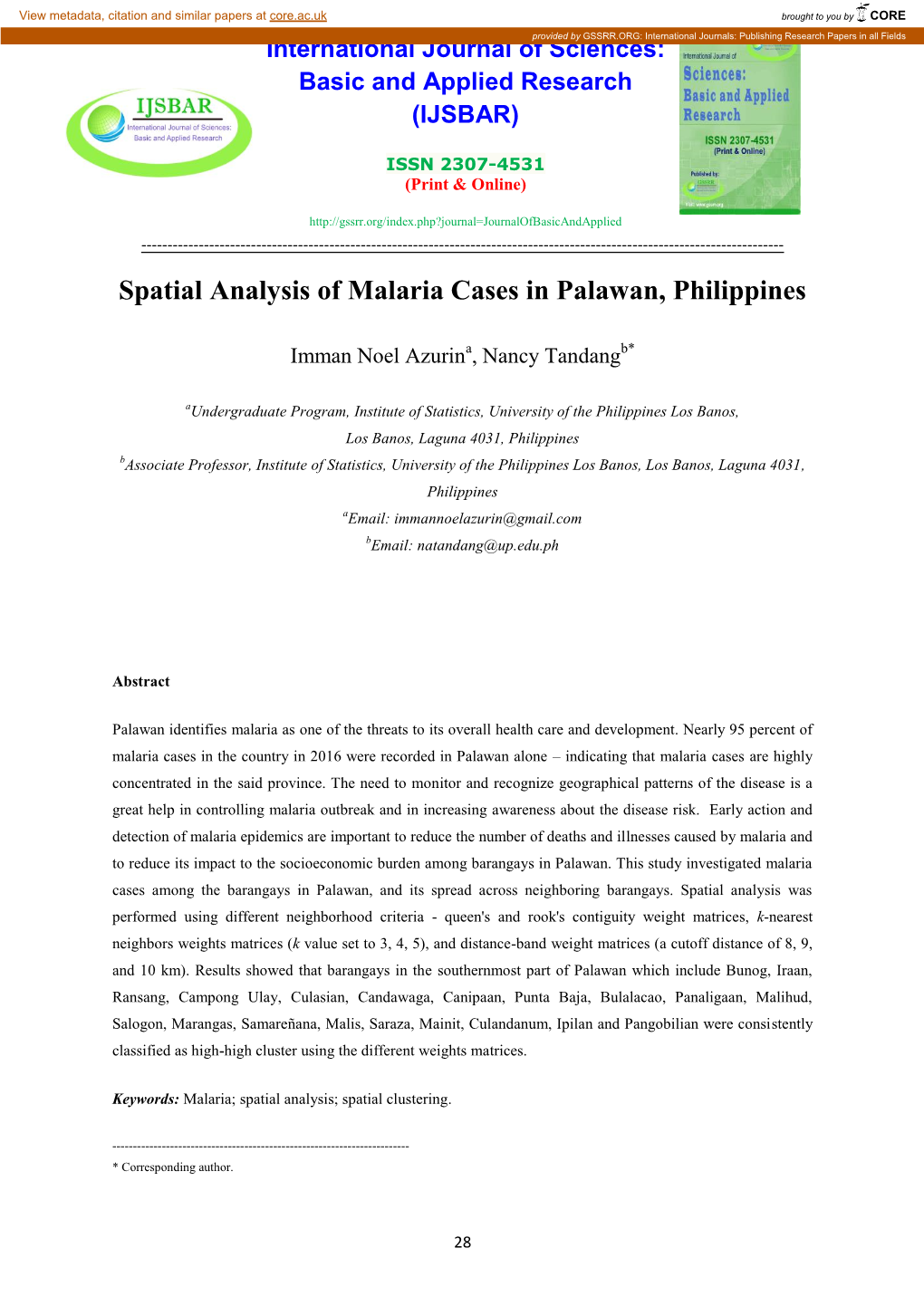 Spatial Analysis of Malaria Cases in Palawan, Philippines