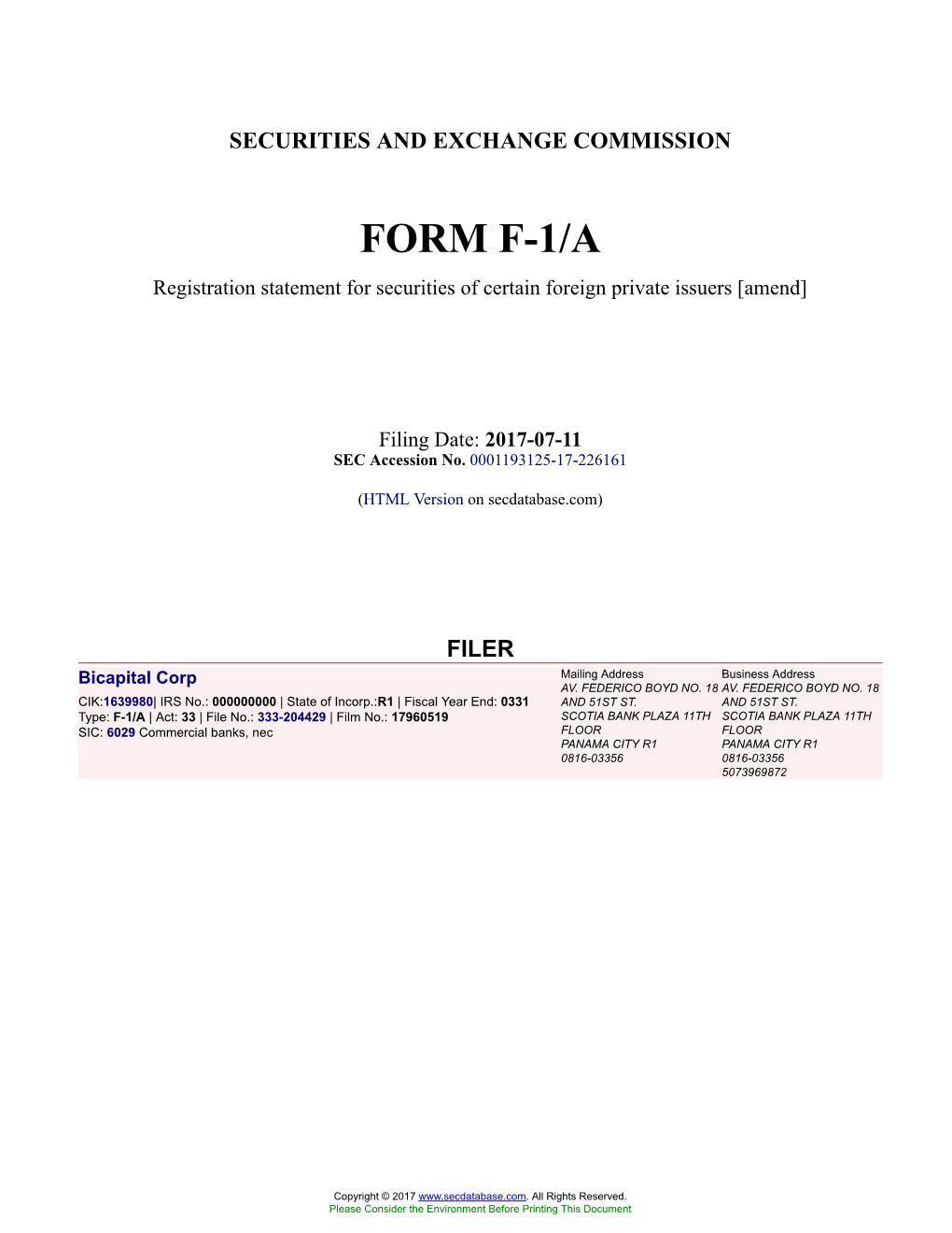 Bicapital Corp Form F-1/A Filed 2017-07-11