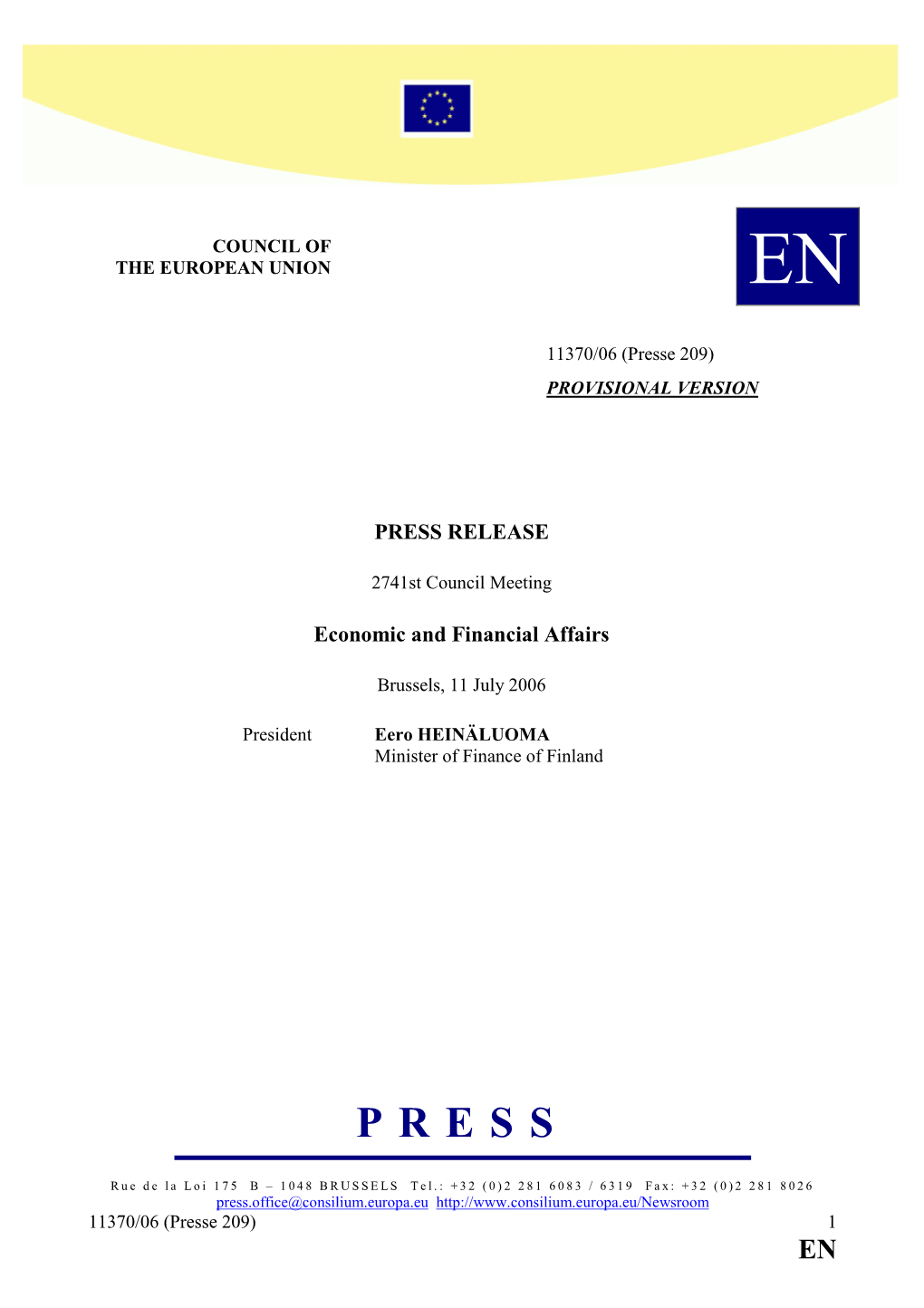 PRESS RELEASE Economic and Financial Affairs