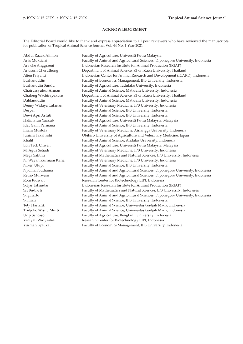 P-ISSN 2615-787X E-ISSN 2615-790X Tropical Animal Science Journal