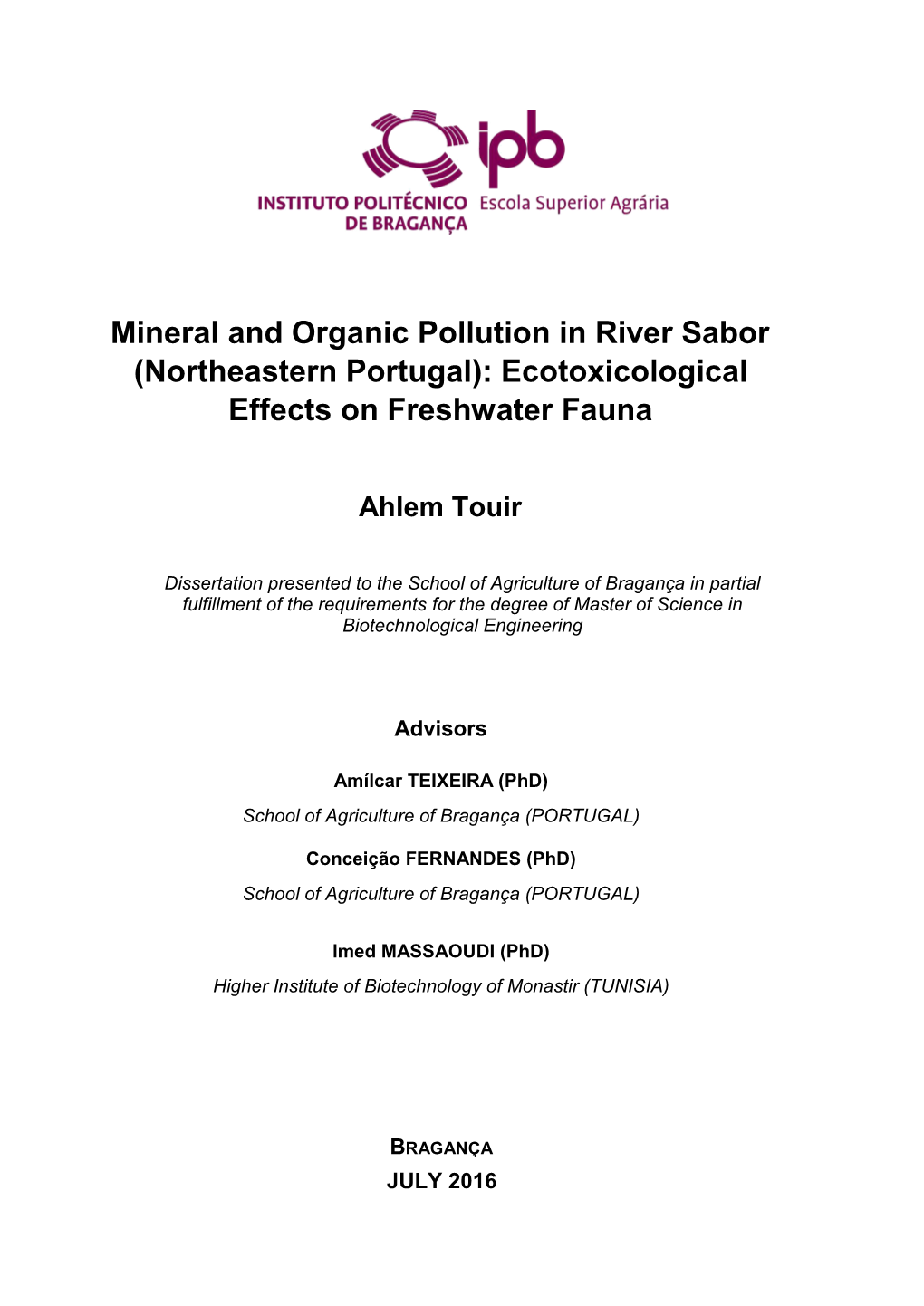 Mineral and Organic Pollution in River Sabor (Northeastern Portugal