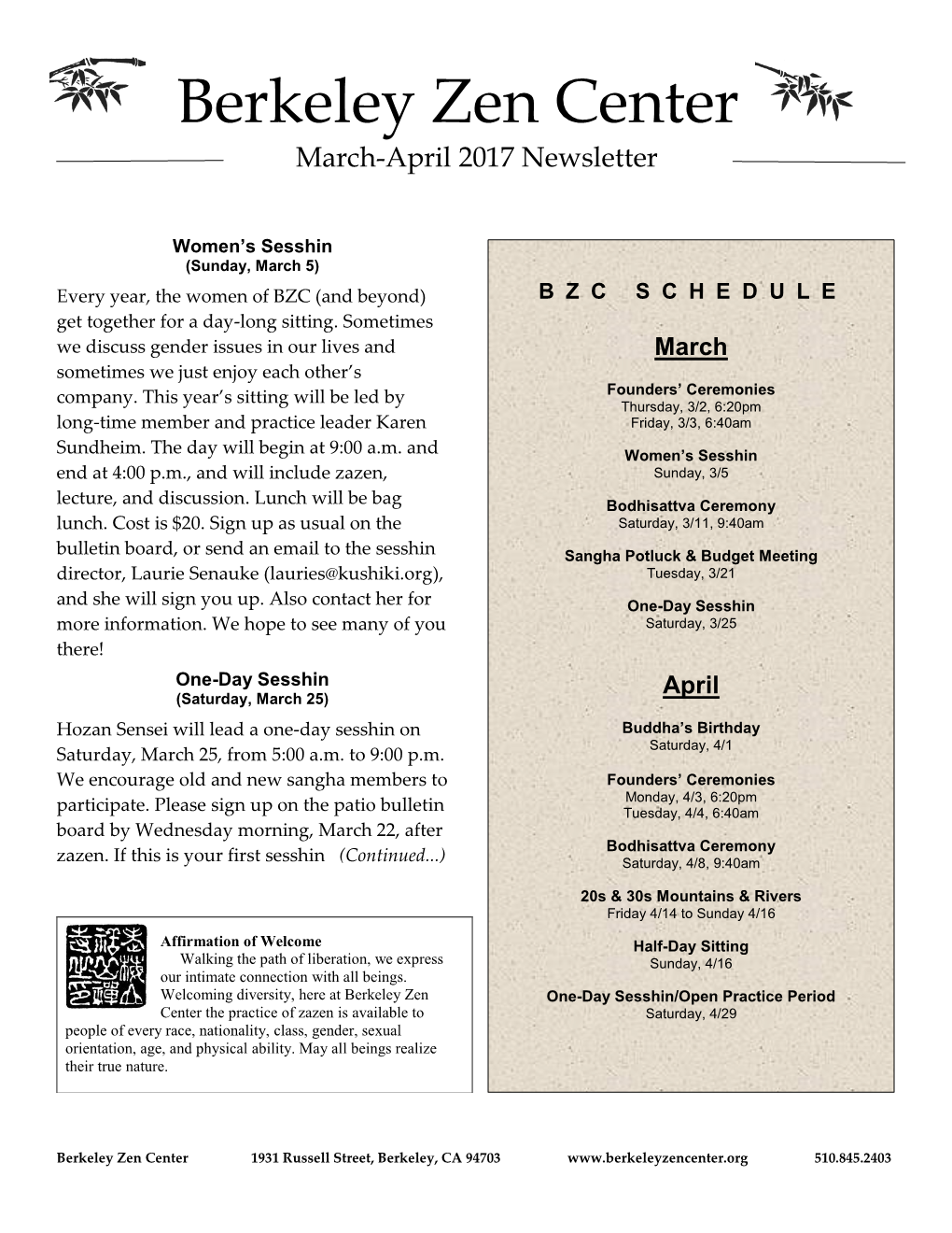 Berkeley Zen Center March-April 2017 Newsletter