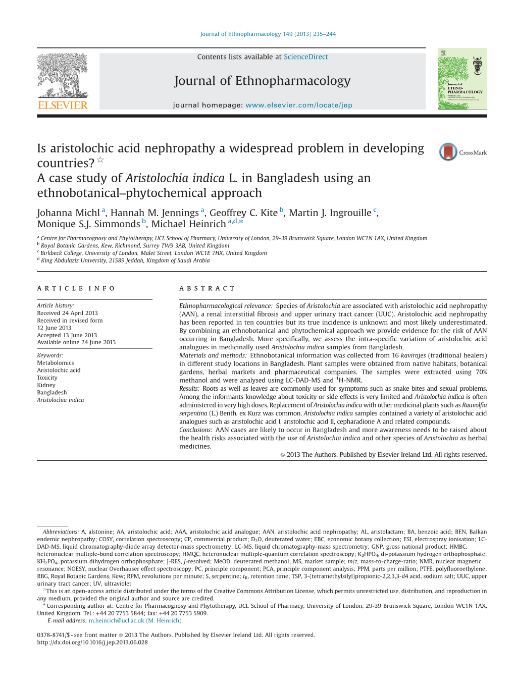 Is Aristolochic Acid Nephropathy a Widespread Problem in Developing Countries?$ a Case Study of Aristolochia Indica L