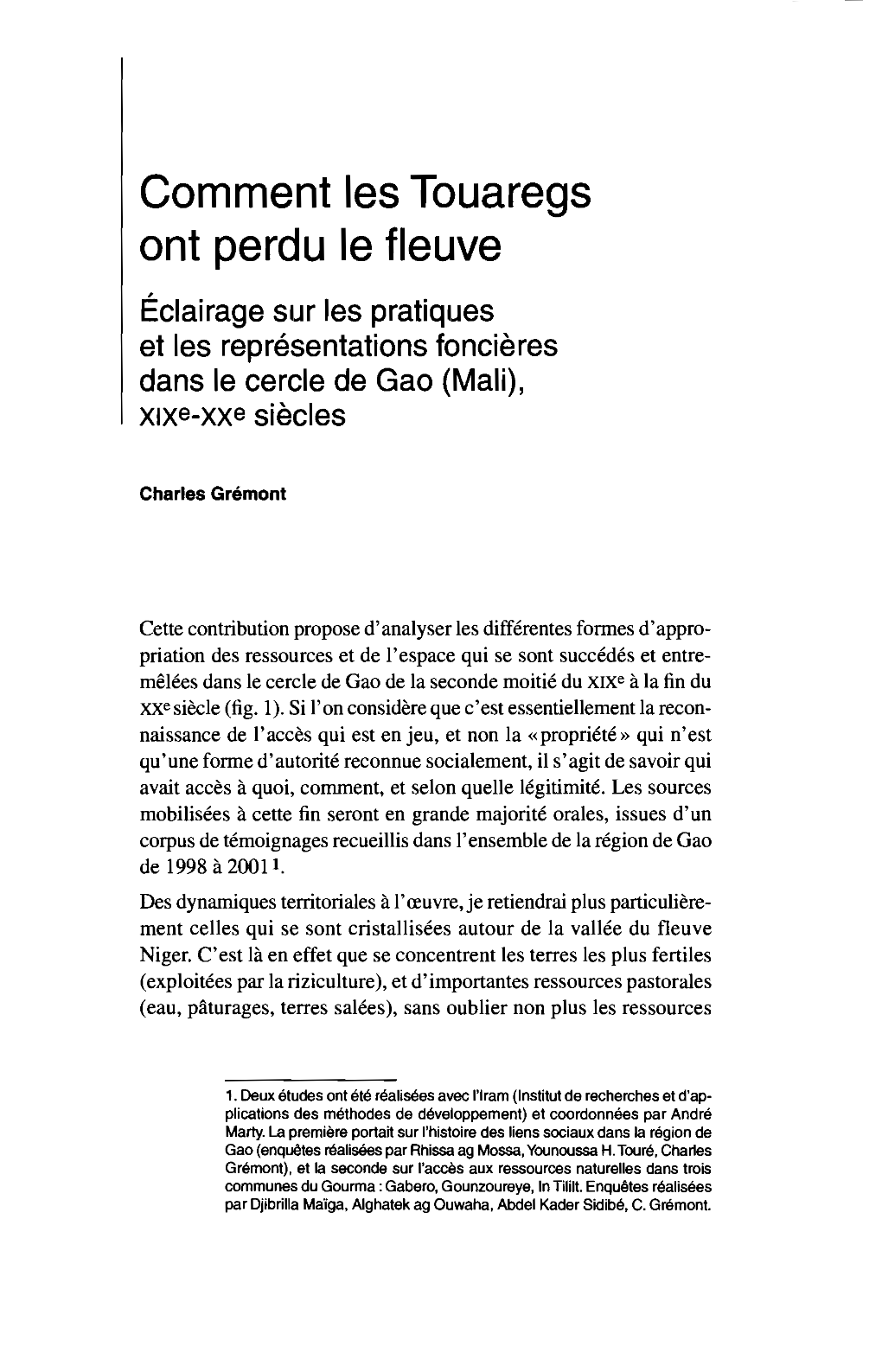 Comment Les Touaregs Ont Perdu Le Fleuve : Éclairage Sur Les Pratiques Et Les Représentations Foncières Dans Le Cercle De