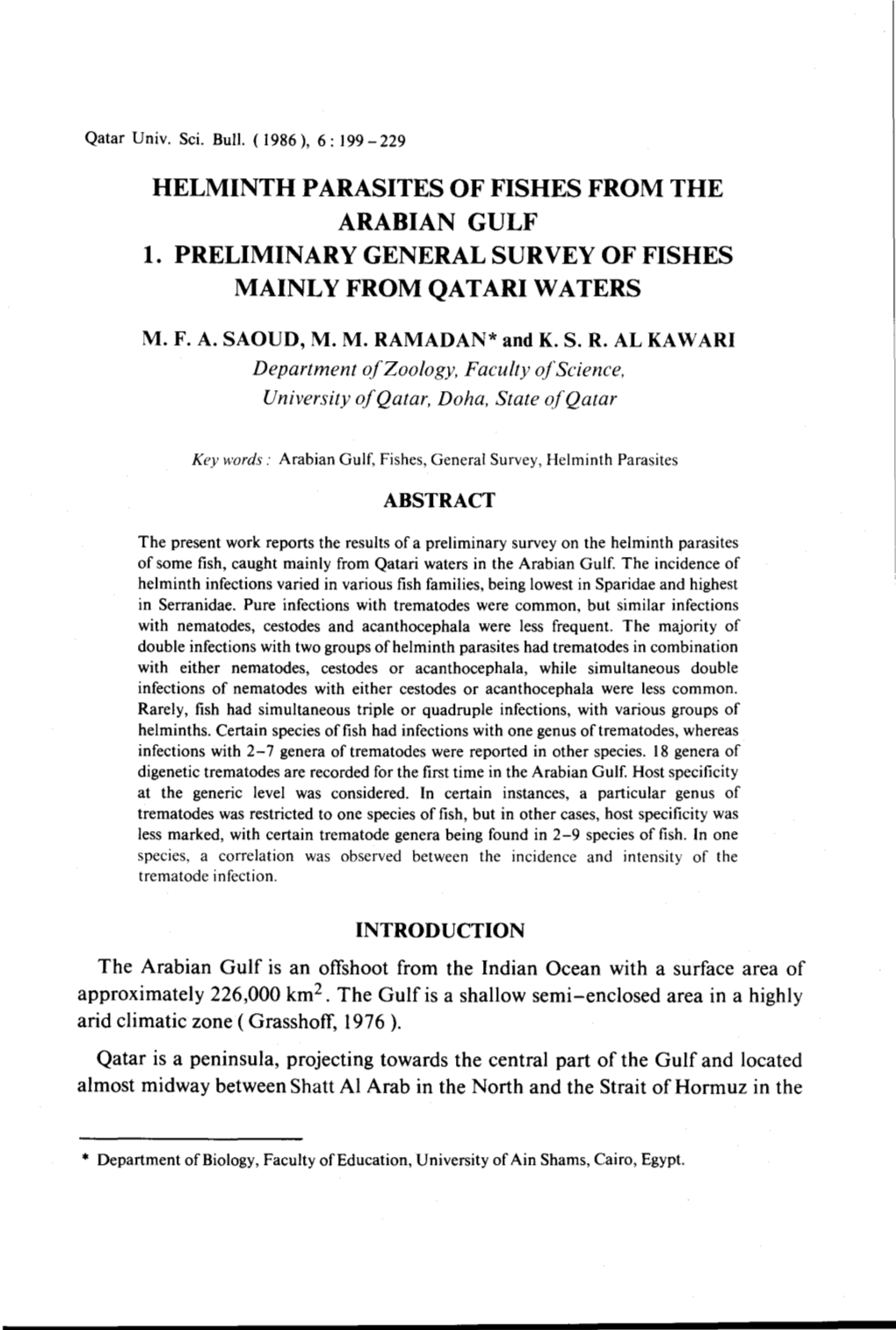 Helminth Parasites of Fishes from the Arabian Gulf 1. Preliminary General Survey of Fishes Mainly from Qatari Waters