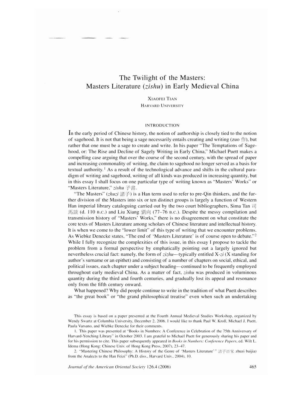 Masters Literature (Zishu) in Early Medieval China