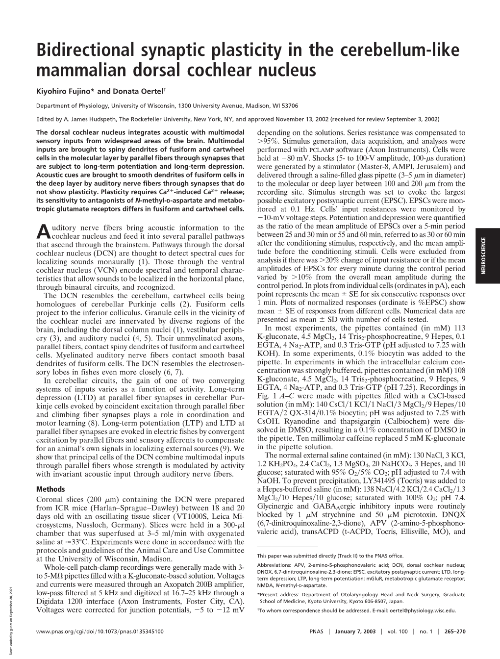 Bidirectional Synaptic Plasticity in the Cerebellum-Like Mammalian Dorsal Cochlear Nucleus