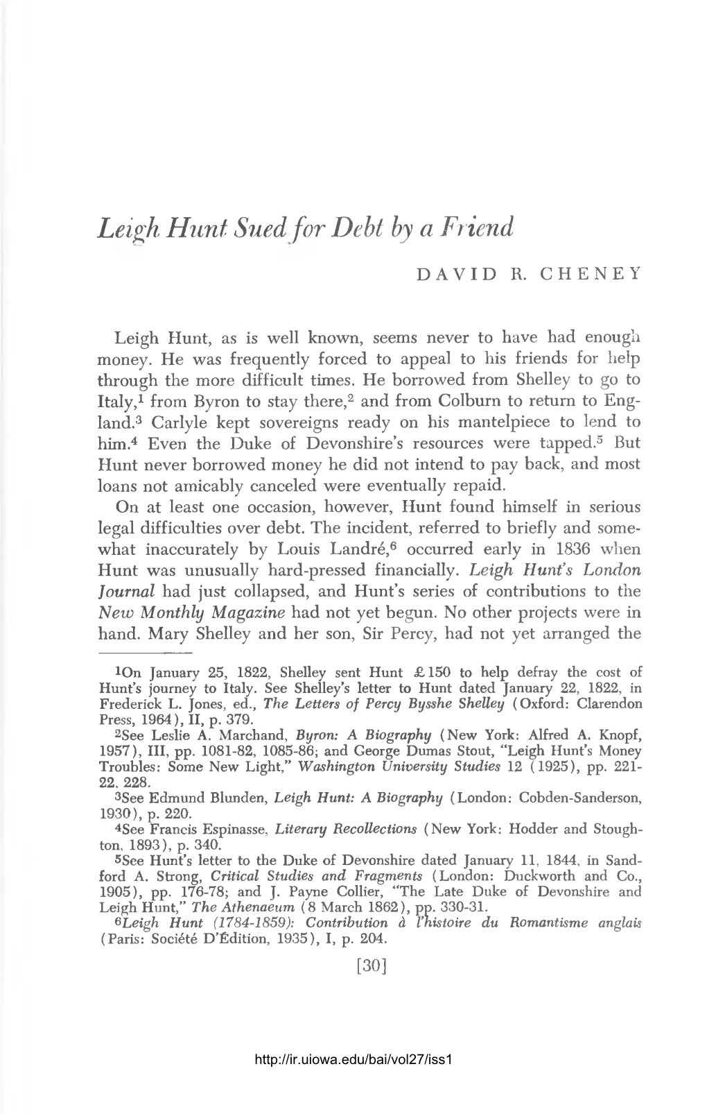 Leigh Hunt Sued for Debt by a Friend