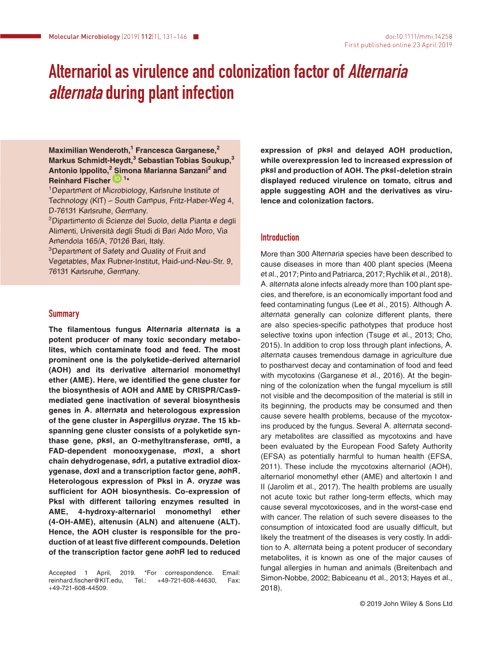 Alternariol As Virulence and Colonization Factor of Alternaria Alternata During Plant Infection